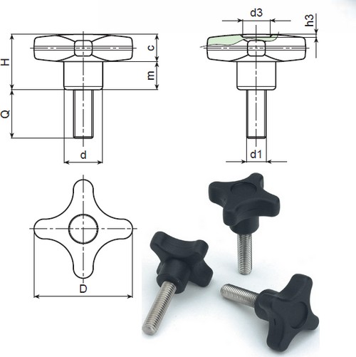 Cross handwheel with stainless threaded stud