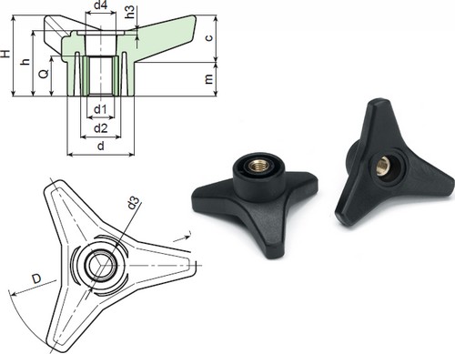 3-lobe handwheel with threaded through female insert