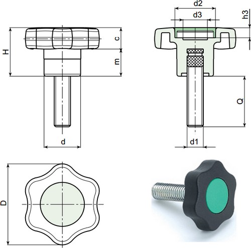 6-lobe handwheel with plug and threaded stud