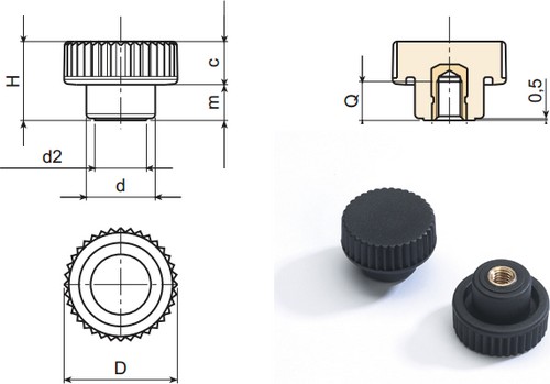 Solid knurled handwheel with threaded blind insert